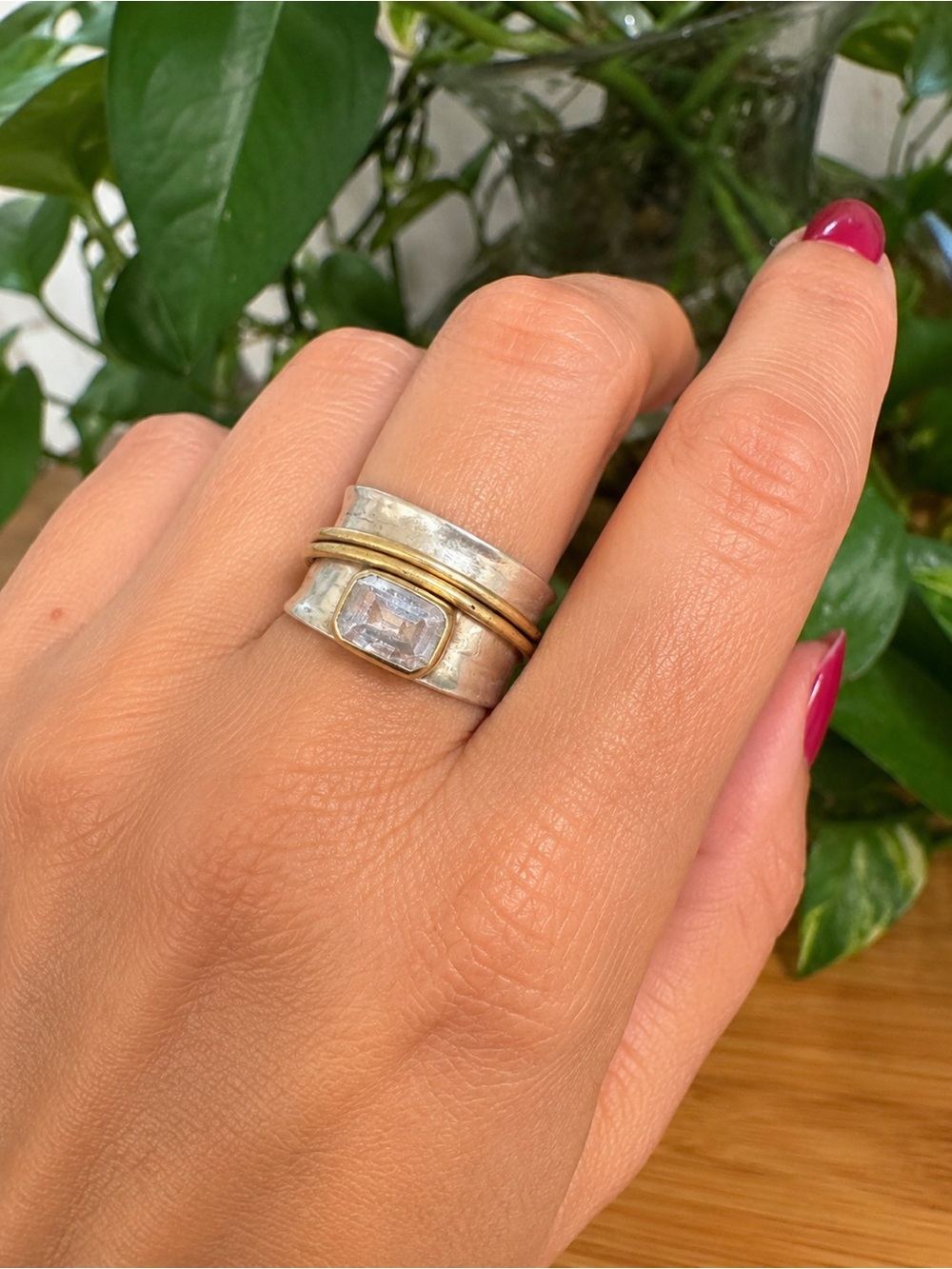 925 Sterling Silver Mixed Metal Spinner Ring Clear Stone Size 5.5